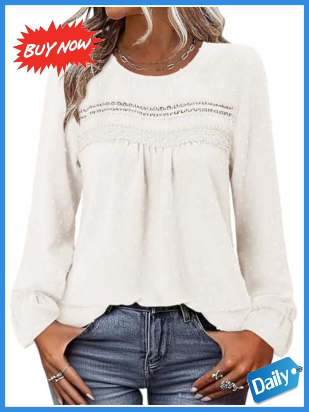 Womens Swiss Dot Tunic Top Long Sleeve Crewneck Blouse Flowy Loose Fit